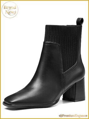 Womens Chelsea Ankle Boots Faux Suede Square Toe Chunky Heel